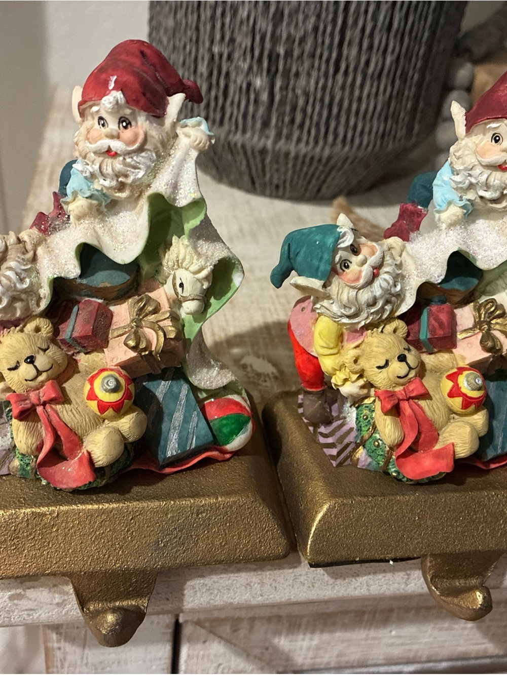 Holiday Santa and Teddy Figurine - Multi-Color Decorative Accent Stocking Holder